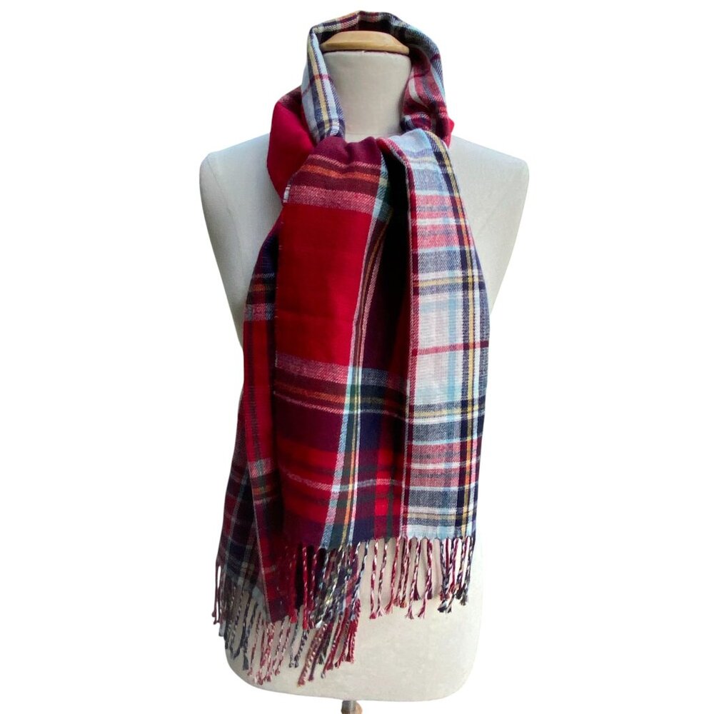 Lands End Unisex Tartan Plaid Scarf Red Blue Classic Holiday Old Money Preppy